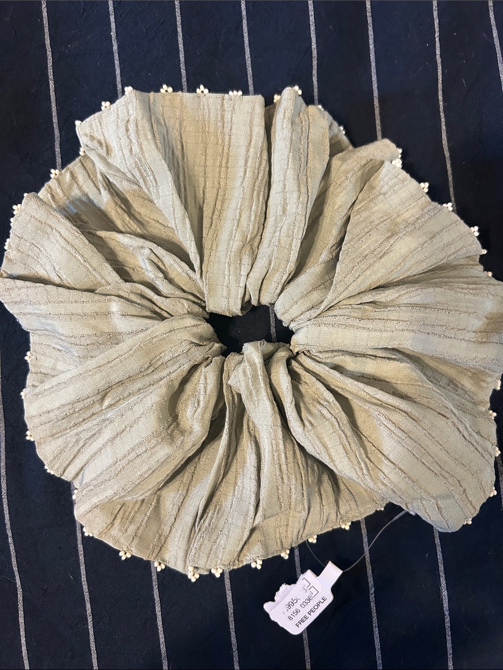 Free People scrunchie. Light Sage Textured Fabric Scrunchie with Pearl Trim